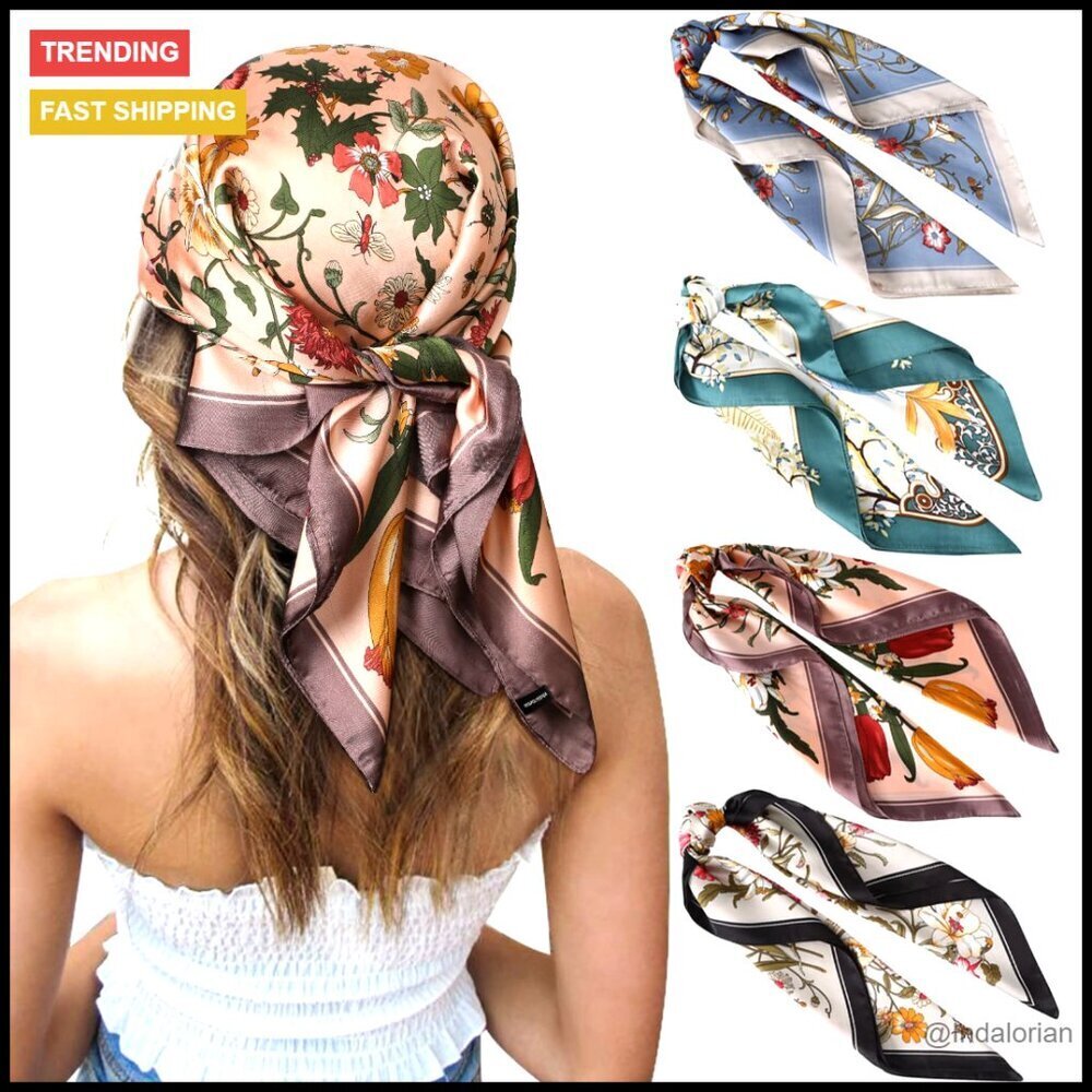 Satin Square Head Scarves Set of 4 Silk Feeling Elegant Chic Fashion Accessories